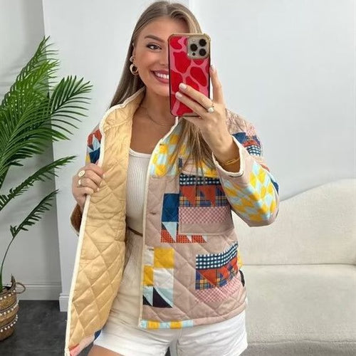 Damen gesteppte Übergangsjacke mit buntem Patchwork-Muster und großen Taschen R&B