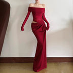 Damen Off-Shoulder Maxikleid mit figurbetonendem Design und Raffung R&B