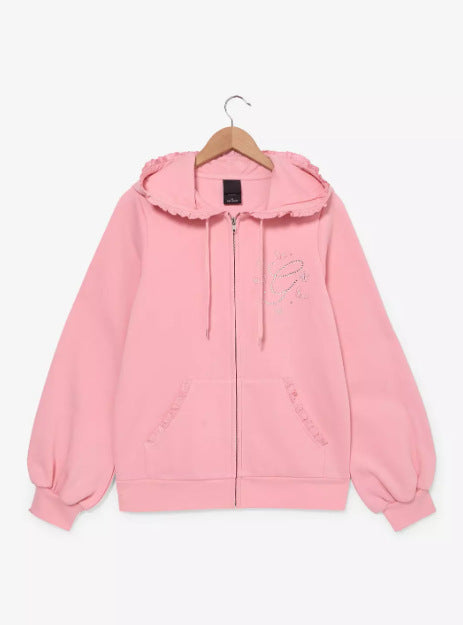 Damen nan Rüschen-Kapuzen-Sweatjacke mit Ballonärmeln und Strasslogo R&B