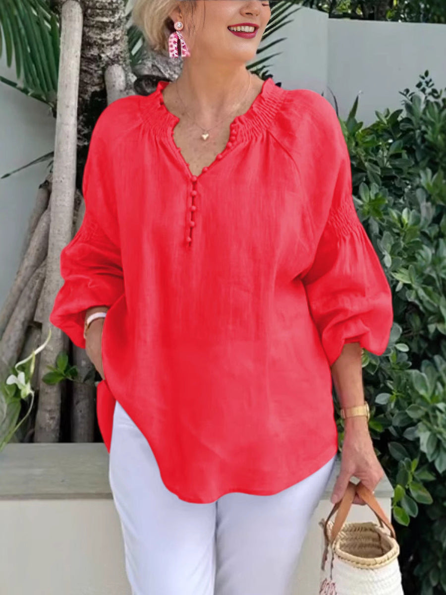 Damen lässige Kleidungsbluse mit Ballonärmeln und Knopfleiste R&B