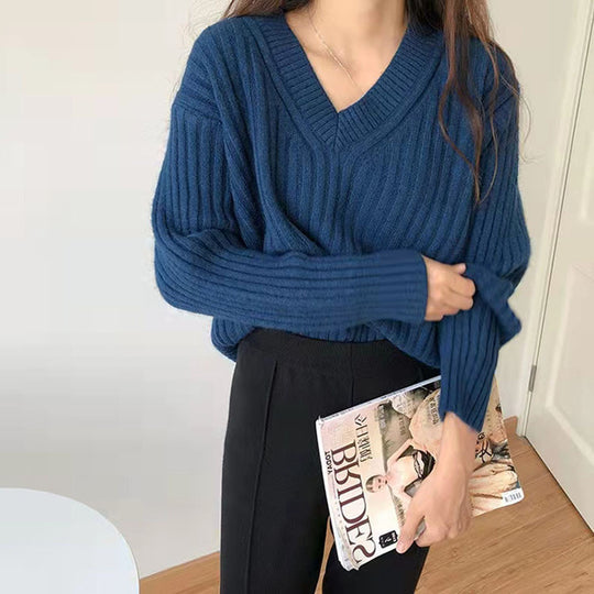 Damen Viskose-Strickpullover mit V-Ausschnitt und geripptem Design R&B