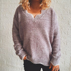 Damen lässiger Strickpullover mit weitem V-Ausschnitt und asymmetrischem Saum R&B