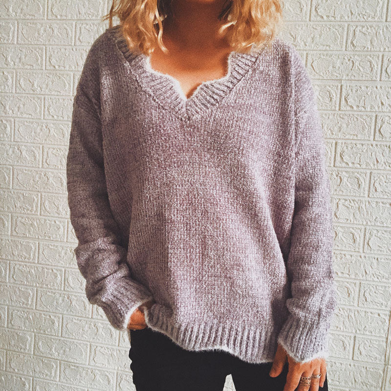 Damen lässiger Strickpullover mit weitem V-Ausschnitt und asymmetrischem Saum R&B