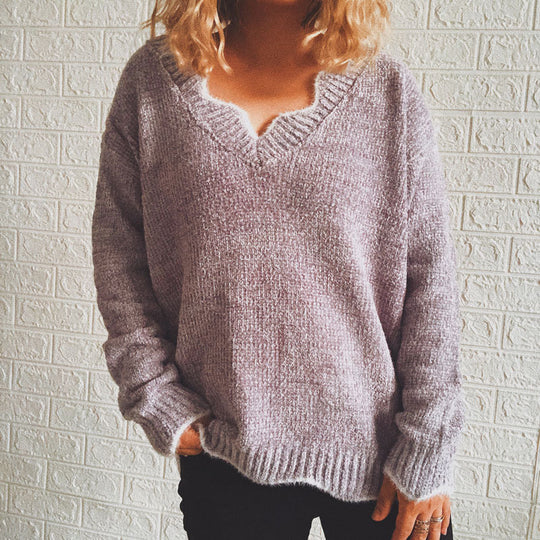 Damen lässiger Strickpullover mit weitem V-Ausschnitt und asymmetrischem Saum R&B