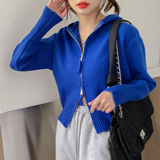 Damen modischer Zip-Hoodie aus weichem Strick R&B