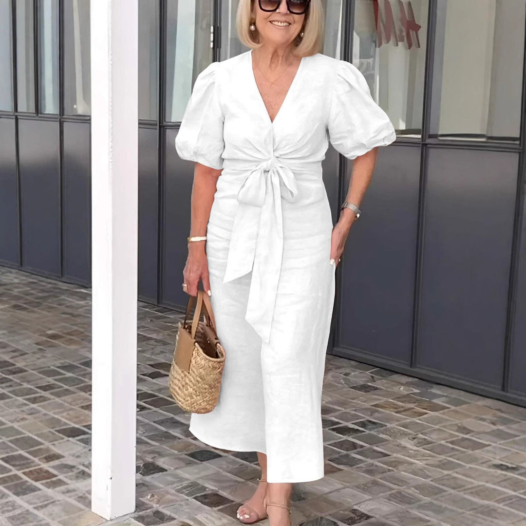 Damen Maxikleid mit eleganten Puffärmeln und Taillenknoten R&B