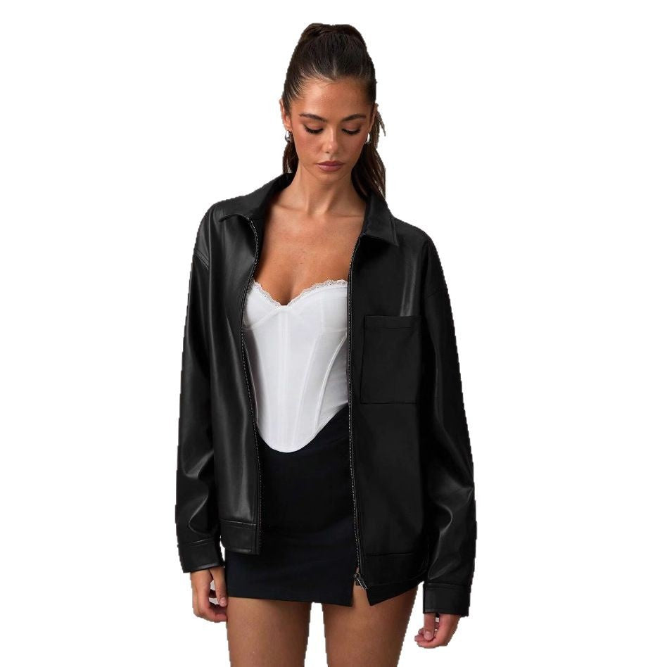 Damen Kunstlederjacke mit oversized Schnitt und praktischer Brusttasche R&B