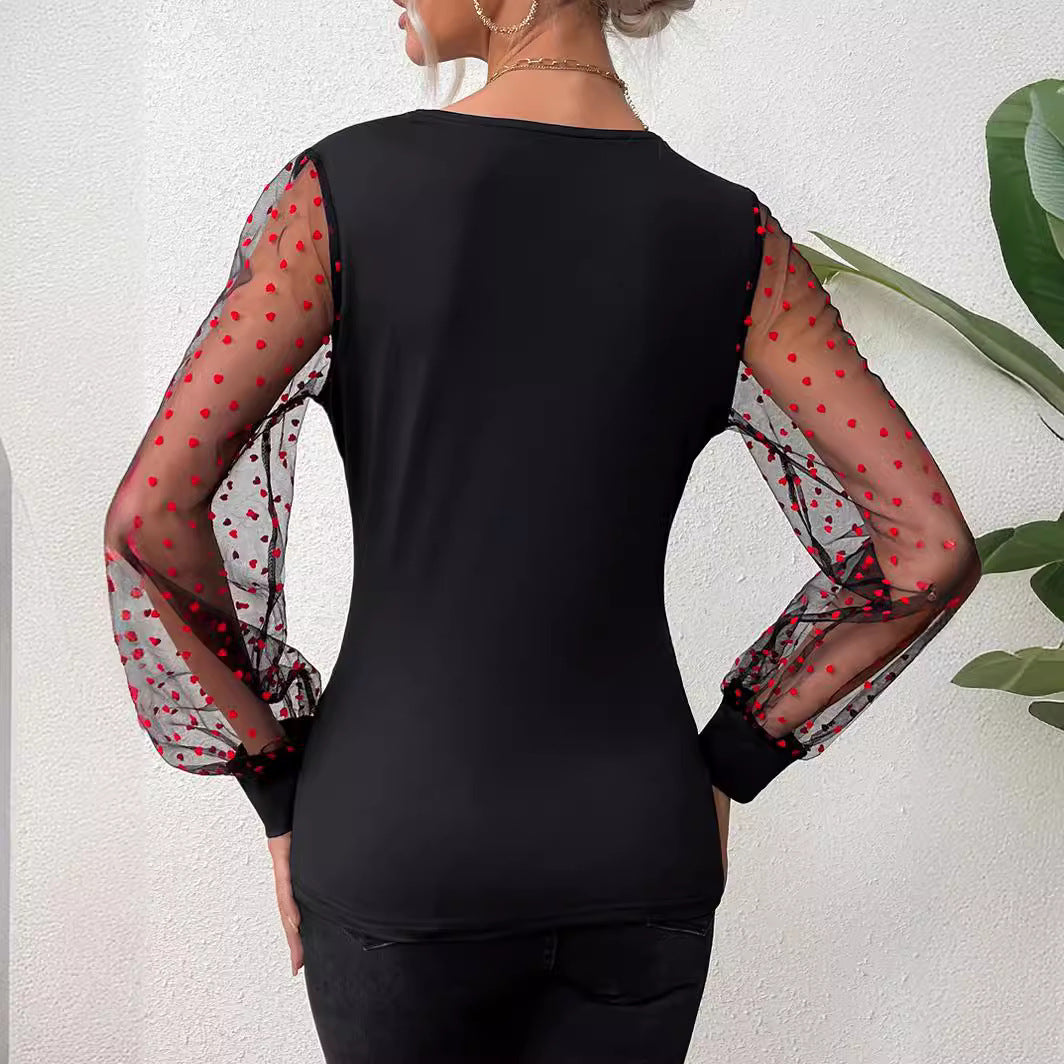 Damen Elegantes Bodysuit mit transparenten Ärmeln und Tupfen-Design R&B