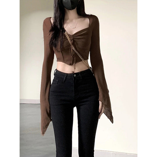 Damen Crop-Top mit raffiniertem Knoten und weitem Ärmel