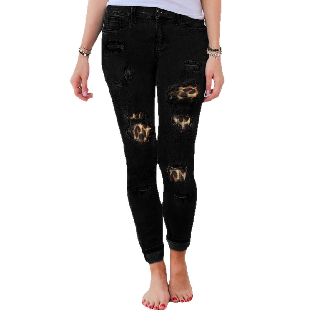 Damen Slim-Fit Jeans mit Leoparden-Detail und Distressed-Optik R&B