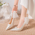 Damen Elegante High Heels mit zartem Spitzen- und Schleifendetail R&B