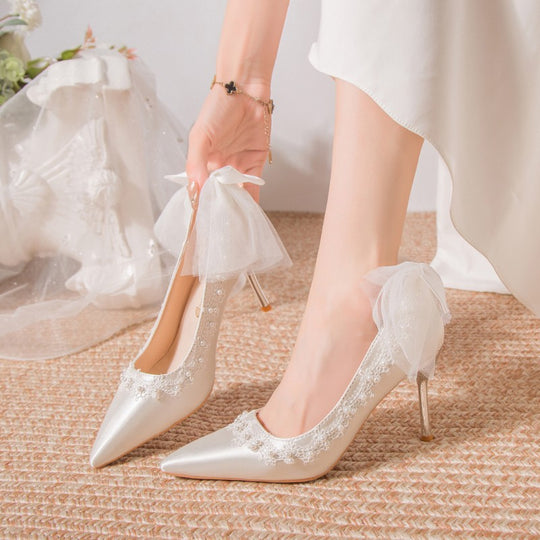 Damen Elegante High Heels mit zartem Spitzen- und Schleifendetail R&B