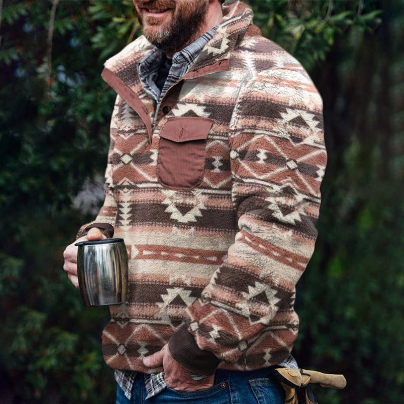 Herren Fleece-Pullover mit Karomuster und Hohem Kragen R&B
