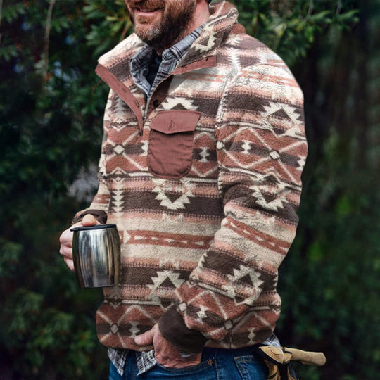 Herren Fleece-Pullover mit Karomuster und Hohem Kragen R&B