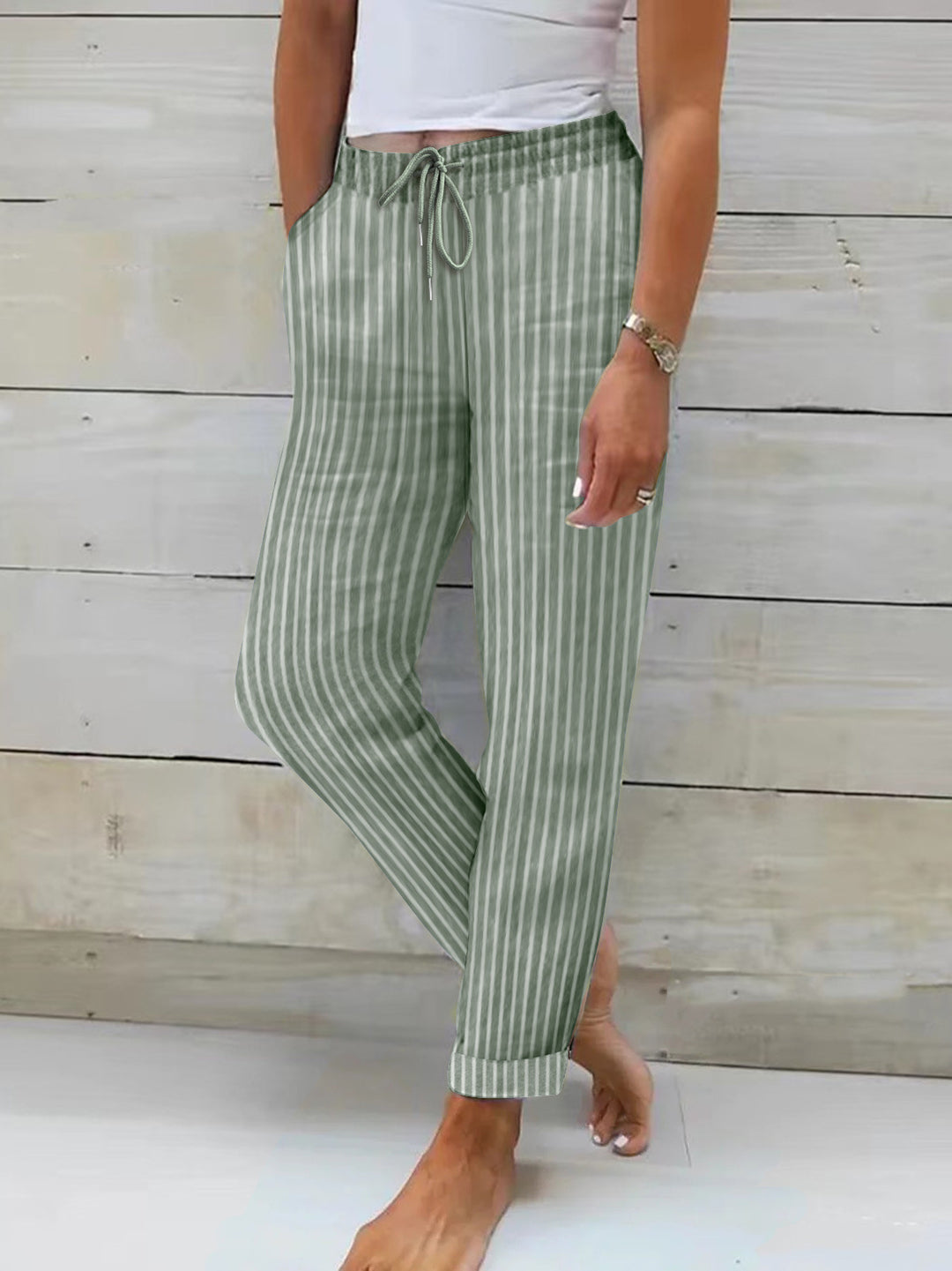Damen entspannte Baumwoll-Streifenhose mit verstellbarem Bund R&B