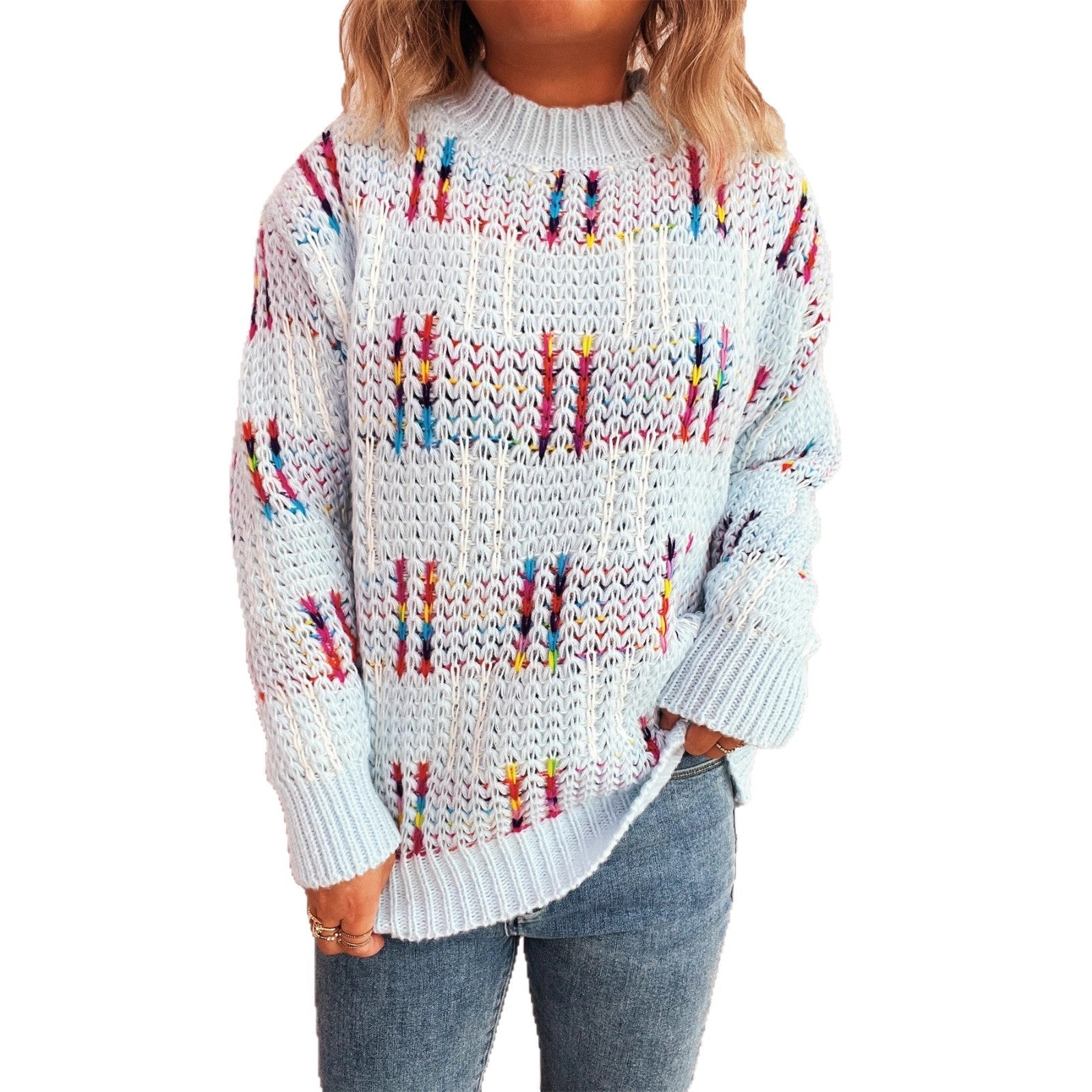 Damen lässiger Strickpullover mit vielseitigem Farbenspiel und hohem Kragen R&B