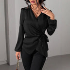 Damen Wickelbluse mit elegantem Taillengürtel und Puffärmeln R&B