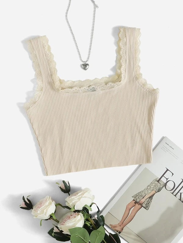 Damen modisches Basic-Crop-Top aus feiner Rippstruktur mit Spitzenrand R&B