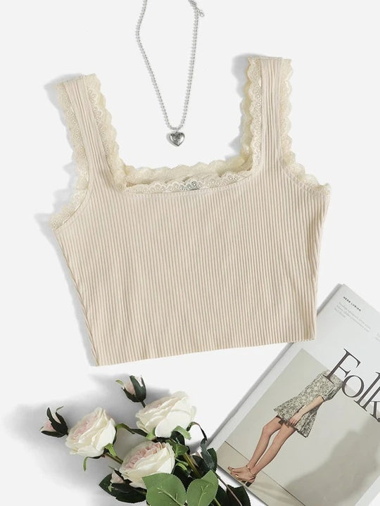 Damen modisches Basic-Crop-Top aus feiner Rippstruktur mit Spitzenrand R&B