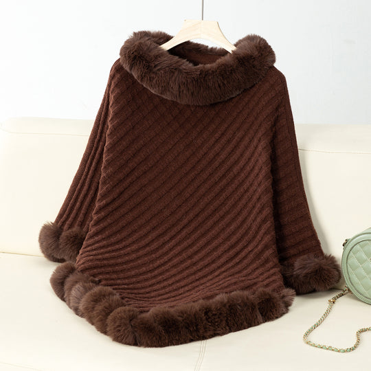 Damen kuschelige Strickdecke mit luxuriösem Kunstfellbesatz R&B