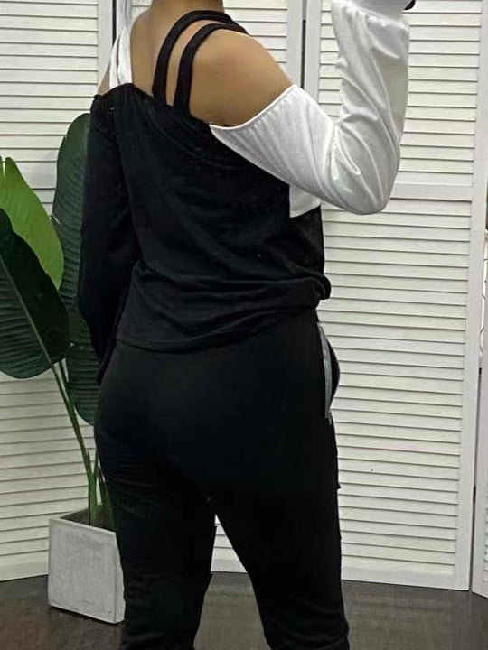 Damen asymmetrisches Oberteil mit freiem Schulterdesign und verbindenden Trägern R&B
