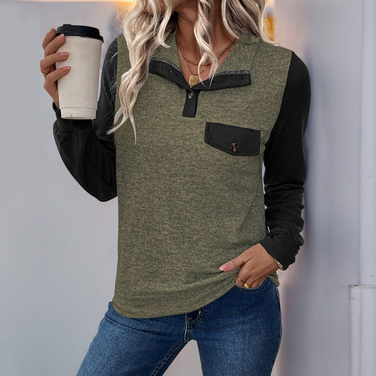 Damen modischer Langarm-Pullover mit praktischer Brusttasche und Knopfleiste R&B