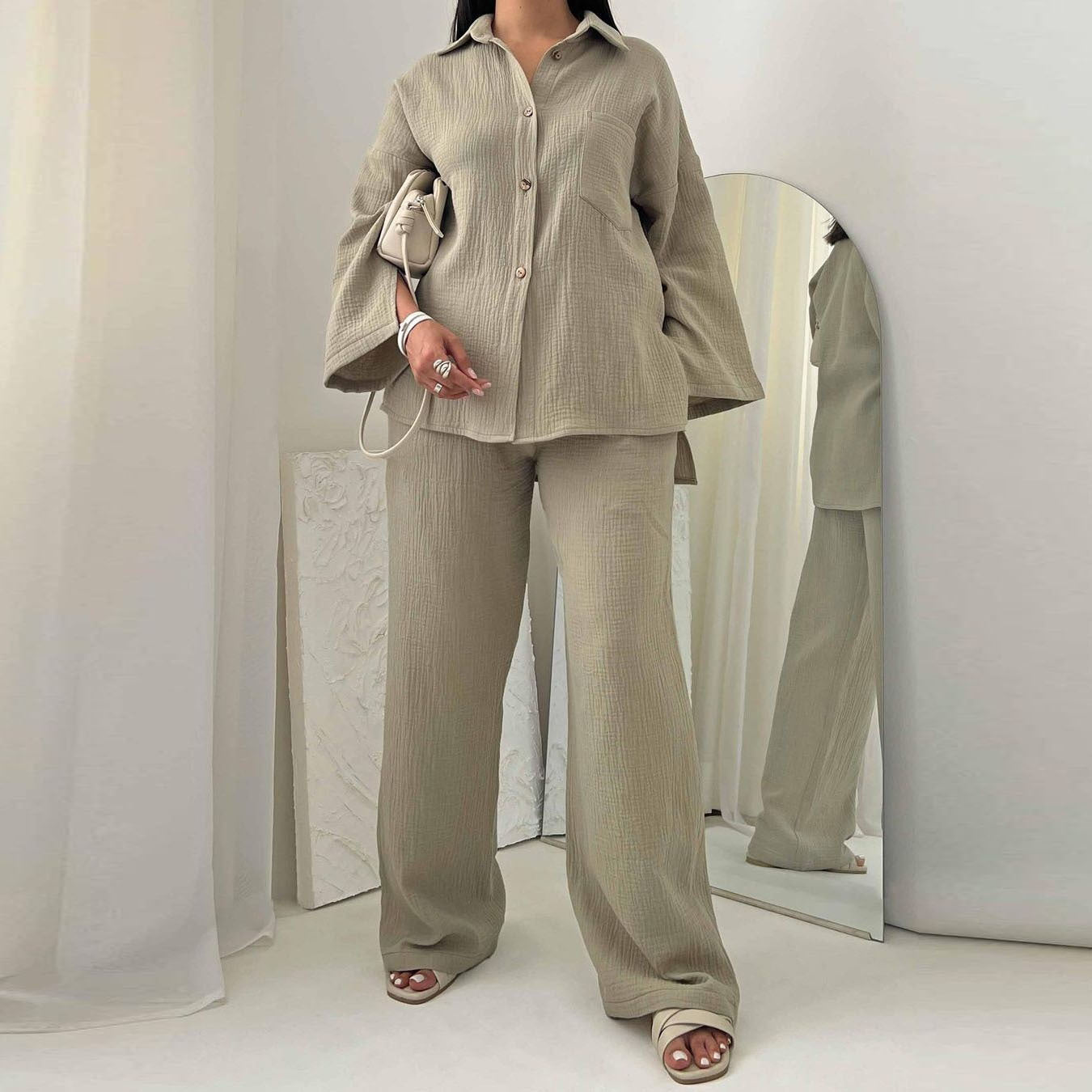 Damen bequeme und stilvolle Blusen-Hosen-Kombination mit eleganter Struktur R&B