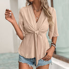 Damen Bluse mit dekorativem Knoten und weit ausgestellten Ärmeln R&B