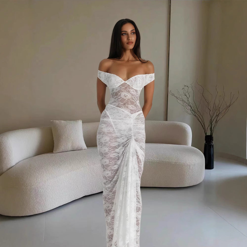 Damen Elegantes Spitzenkleid im Bodycon-Stil mit Off-Shoulder Ausschnitt R&B