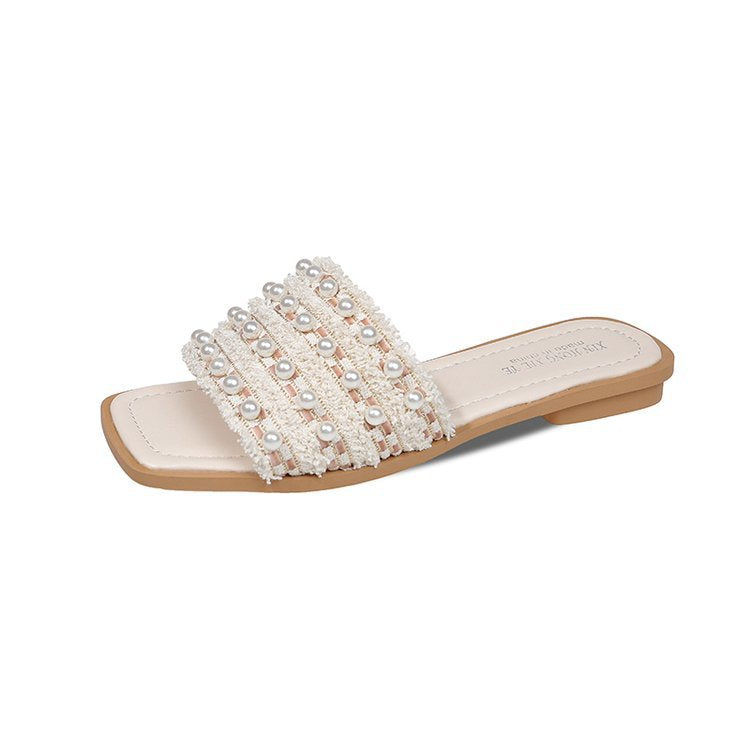 Damen elegante flache Pantoletten mit zierlichen Perlenakzenten R&B