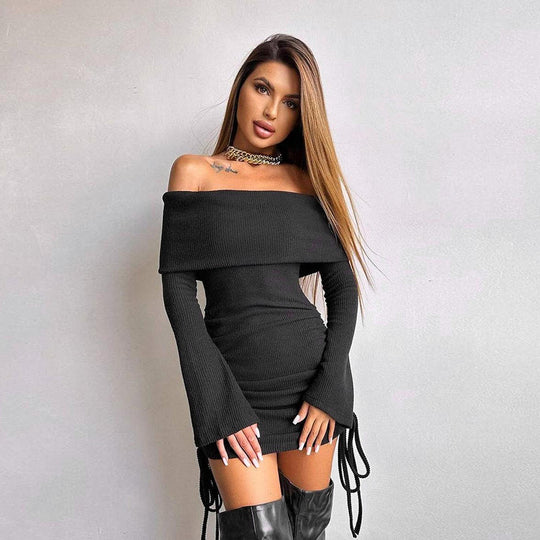 Damen Off-Shoulder Mini-Kleid mit Raffung und langen Ärmeln R&B