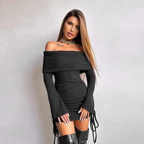Damen Off-Shoulder Mini-Kleid mit Raffung und langen Ärmeln R&B