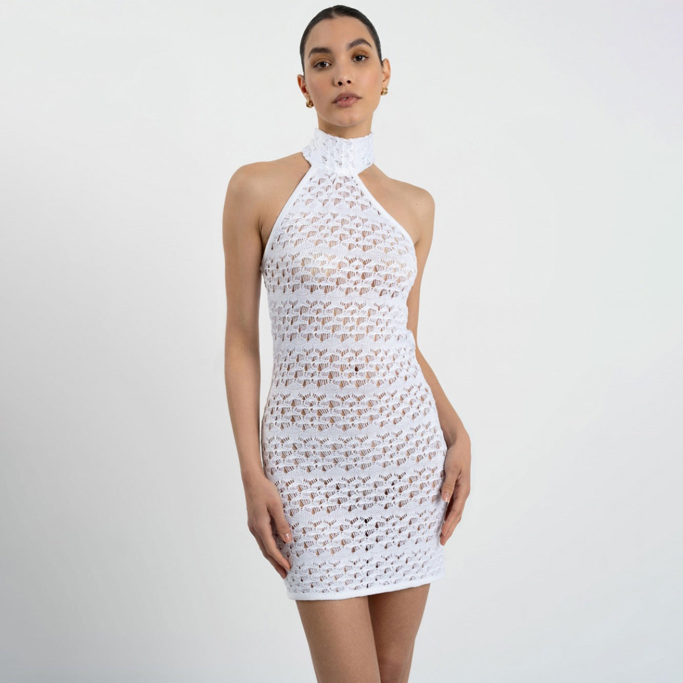 Damen Häkel-Minikleid mit hohem Kragen R&B