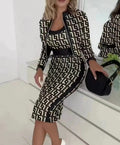 Damen Stilvolles Blazer-Kleid-Set mit grafischem Muster und tailliertem Schnitt R&B