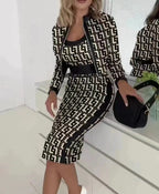 Damen Stilvolles Blazer-Kleid-Set mit grafischem Muster und tailliertem Schnitt R&B