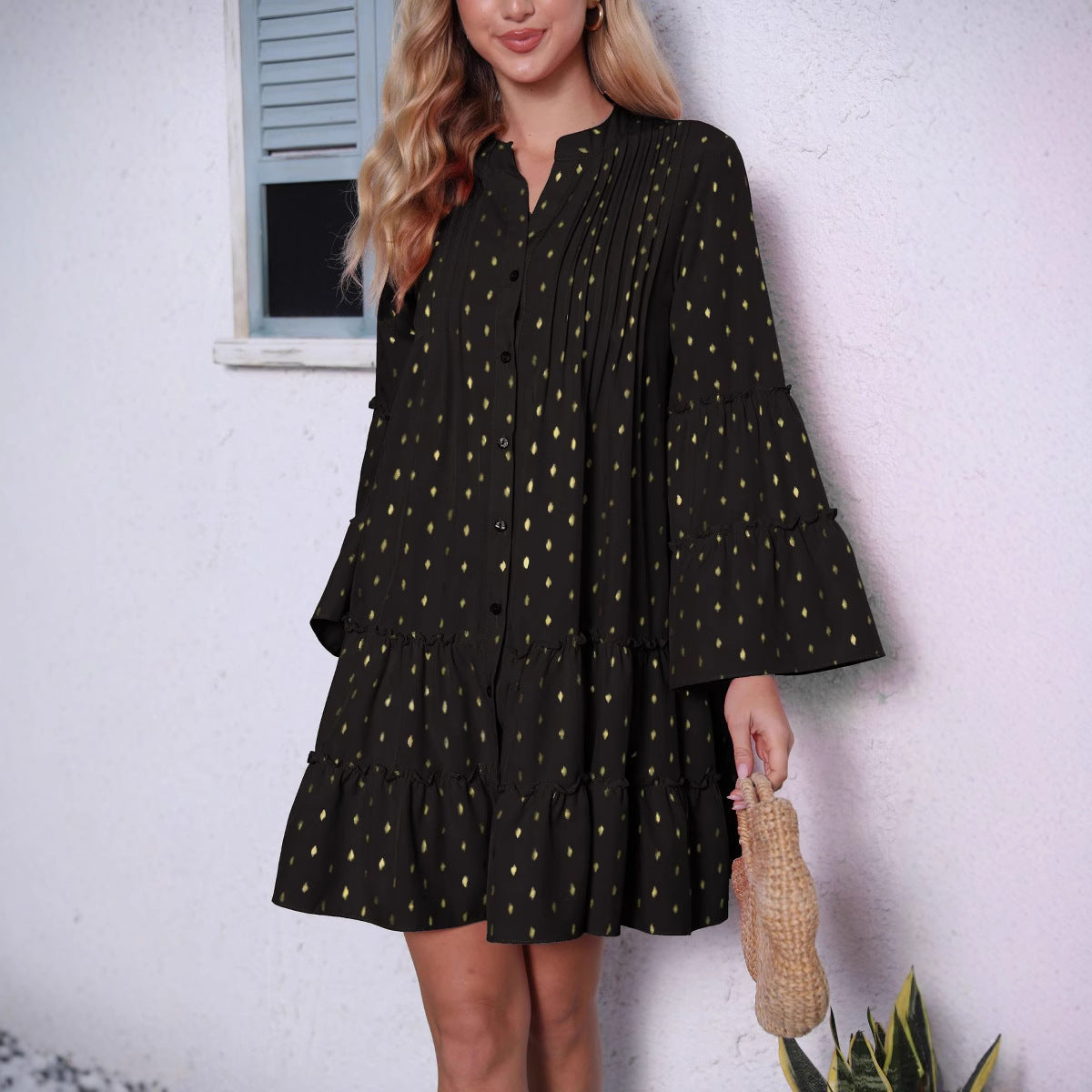 Damen lässiges Hemdblusenkleid mit Rüschendetails und Knopfleiste R&B