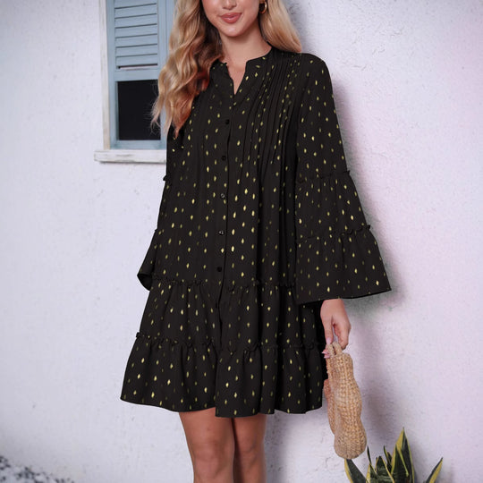 Damen lässiges Hemdblusenkleid mit Rüschendetails und Knopfleiste R&B