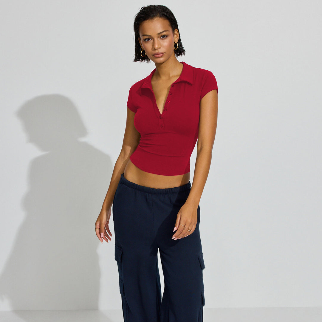 Damen Polo-Shirt mit kurzem Schnitt und modischer Knopfleiste R&B
