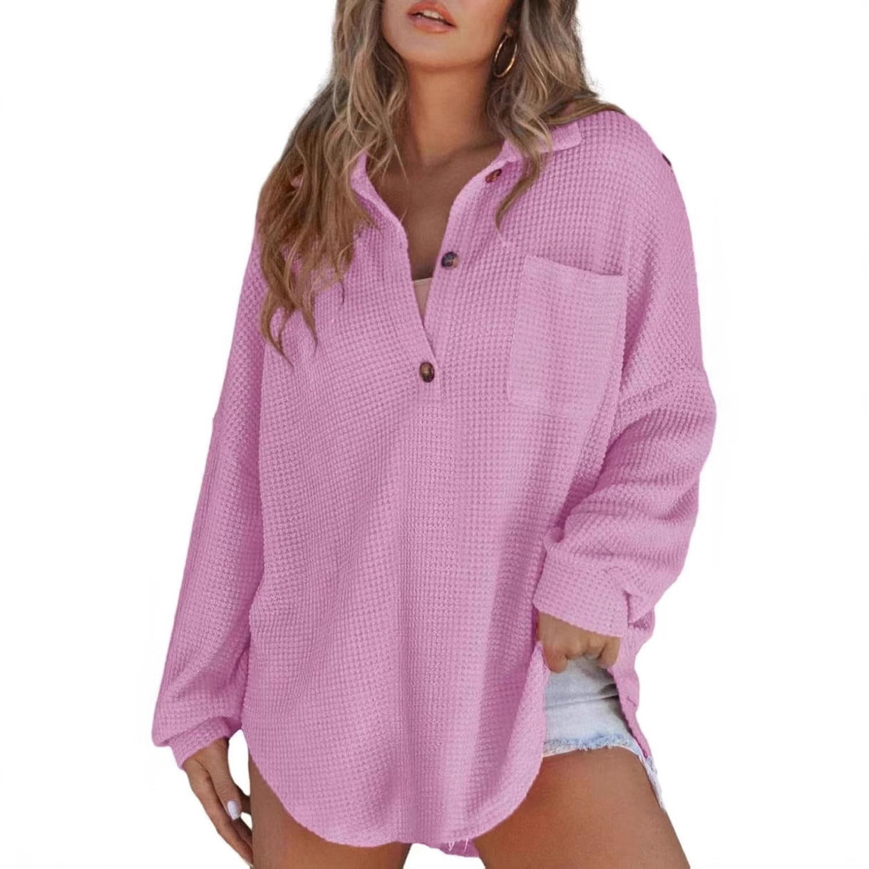 Damen Oversized Baumwollhemd mit Knopfleiste und Brusttasche R&B
