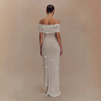 Damen Elegantes Maxikleid mit Off-Shoulder-Design und zarten 3D-Blütenapplikationen R&B