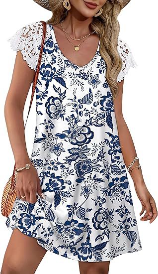 Damen Sommerkleid mit eleganten Spitzenärmeln und floralem Muster R&B