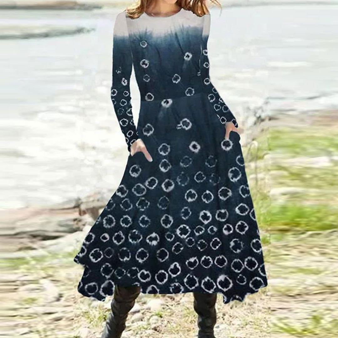 Damen nan fließendes Maxikleid mit Batikkreis-Muster, Rundhalsausschnitt, Taillennaht und Eingrifftaschen R&B