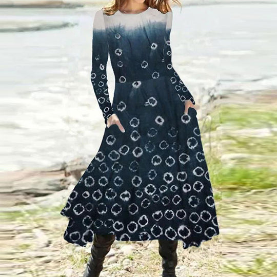Damen nan fließendes Maxikleid mit Batikkreis-Muster, Rundhalsausschnitt, Taillennaht und Eingrifftaschen R&B
