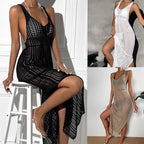 Damen gehäkeltes Maxikleid mit tailliertem Schnitt und seitlichem Kordelzug