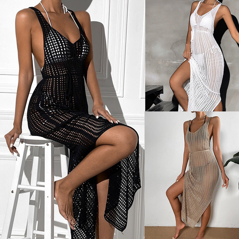Damen gehäkeltes Maxikleid mit tailliertem Schnitt und seitlichem Kordelzug