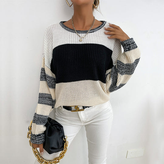 Damen lockerer Strickpullover mit trendigen Blockstreifen und V-Ausschnitt R&B