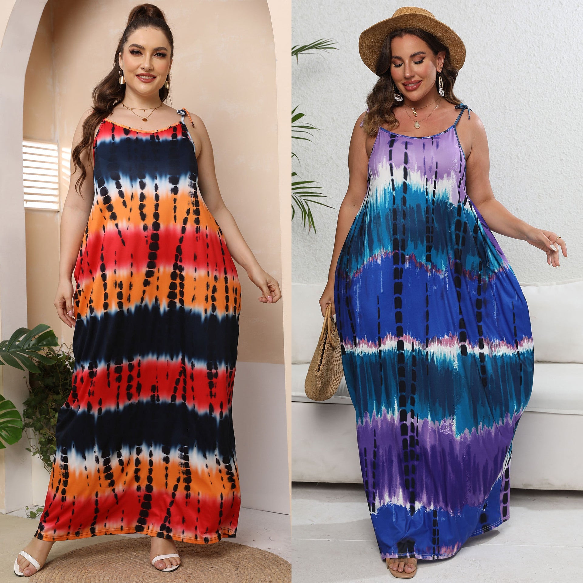 Damen luftiges Maxikleid mit buntem Batikmuster R&B