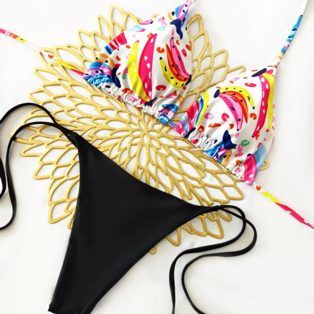 Damen Bikini-Set mit buntem Obstmuster und seitlichem Knoten R&B