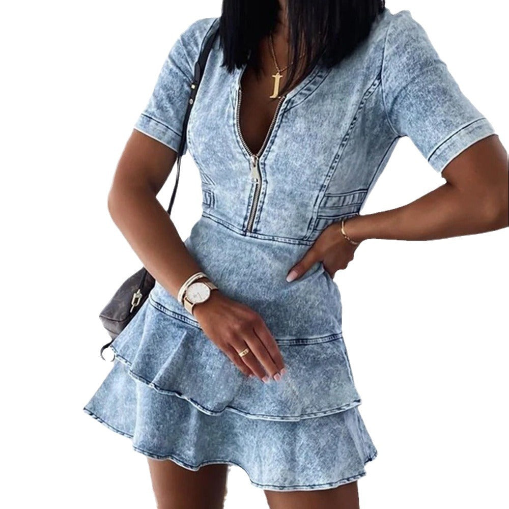 Damen Jeanskleid mit Rüschendetails und Reißverschluss R&B
