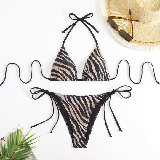 Damen Triangel-Bikini-Set mit verstellbaren Trägern und aufregendem Zebramuster R&B